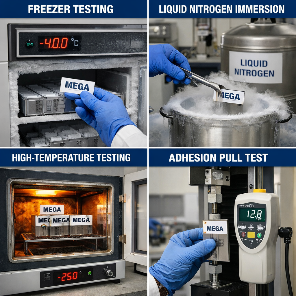Testing collage showing freezer, cryogenic, heat, and adhesion evaluations