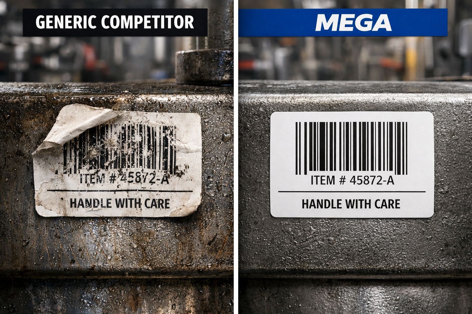 Side-by-side comparison of competitor label failure and MEGA label success