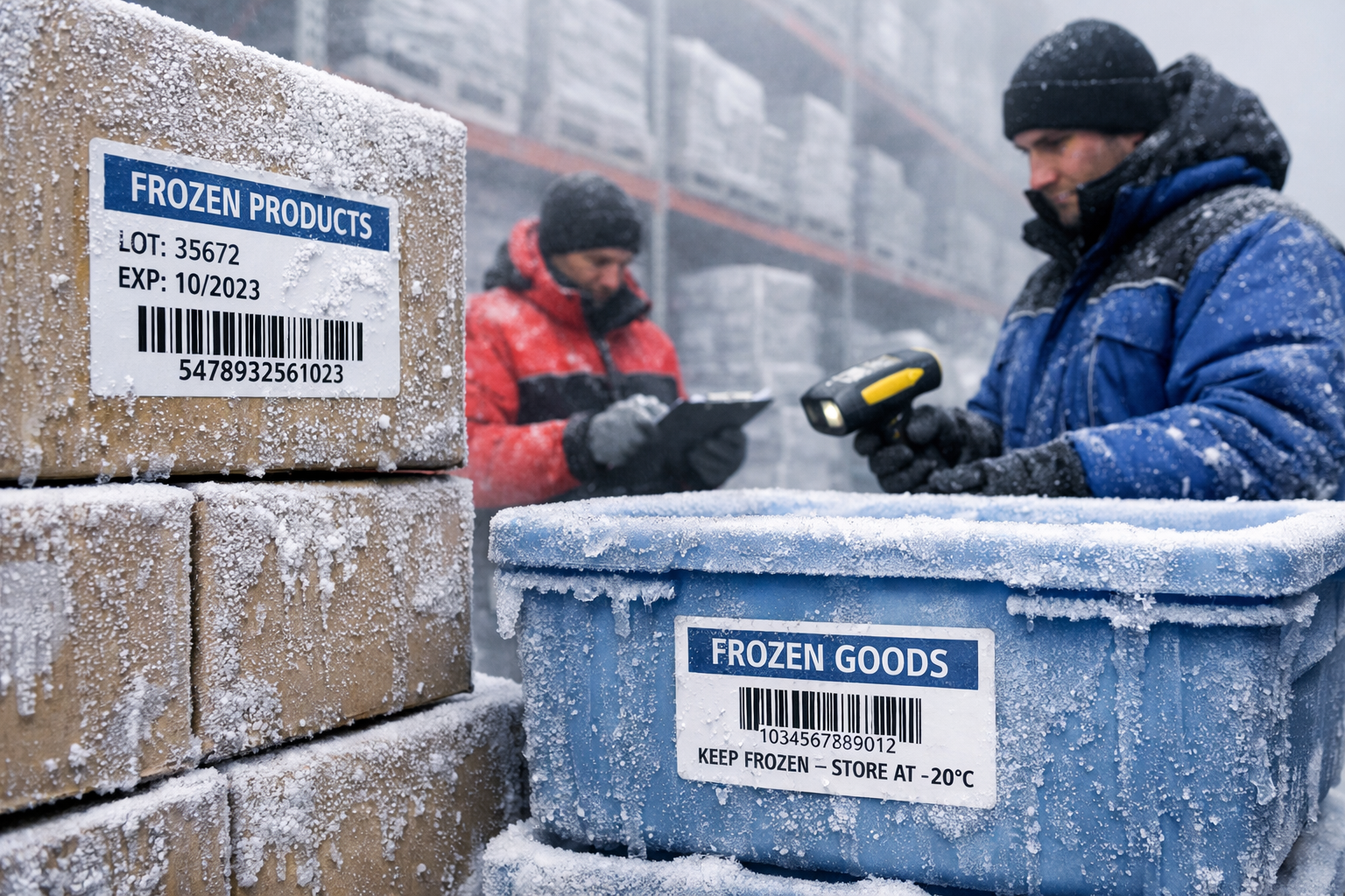 Freezer labels on frozen packaging and frost-covered surfaces