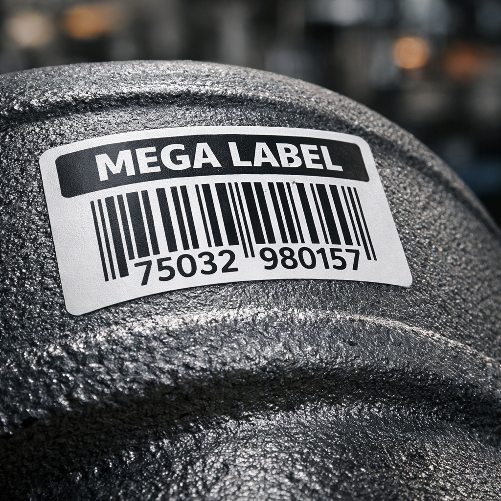 High adhesion label applied to oily machined metal