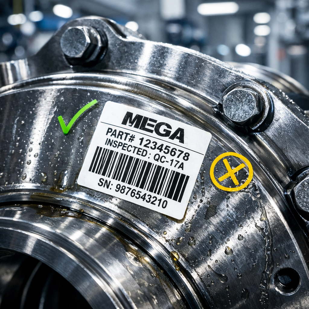 Oil-resistant label attached to an industrial component