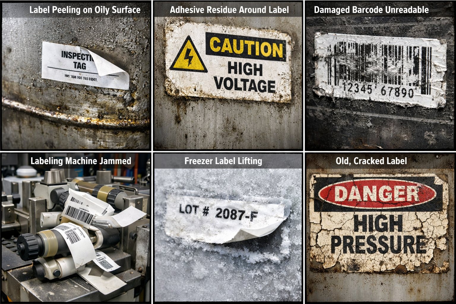 Collage showing peeling labels, glue residue, unreadable barcodes, auto-labeller jams, freezer failures, and aged labels