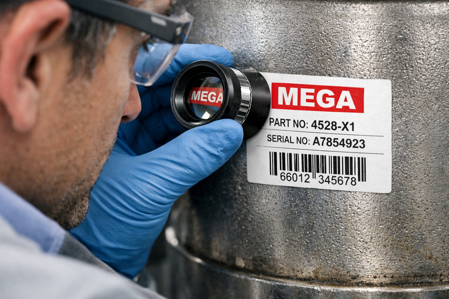 Technician inspecting a MEGA label on a difficult industrial surface