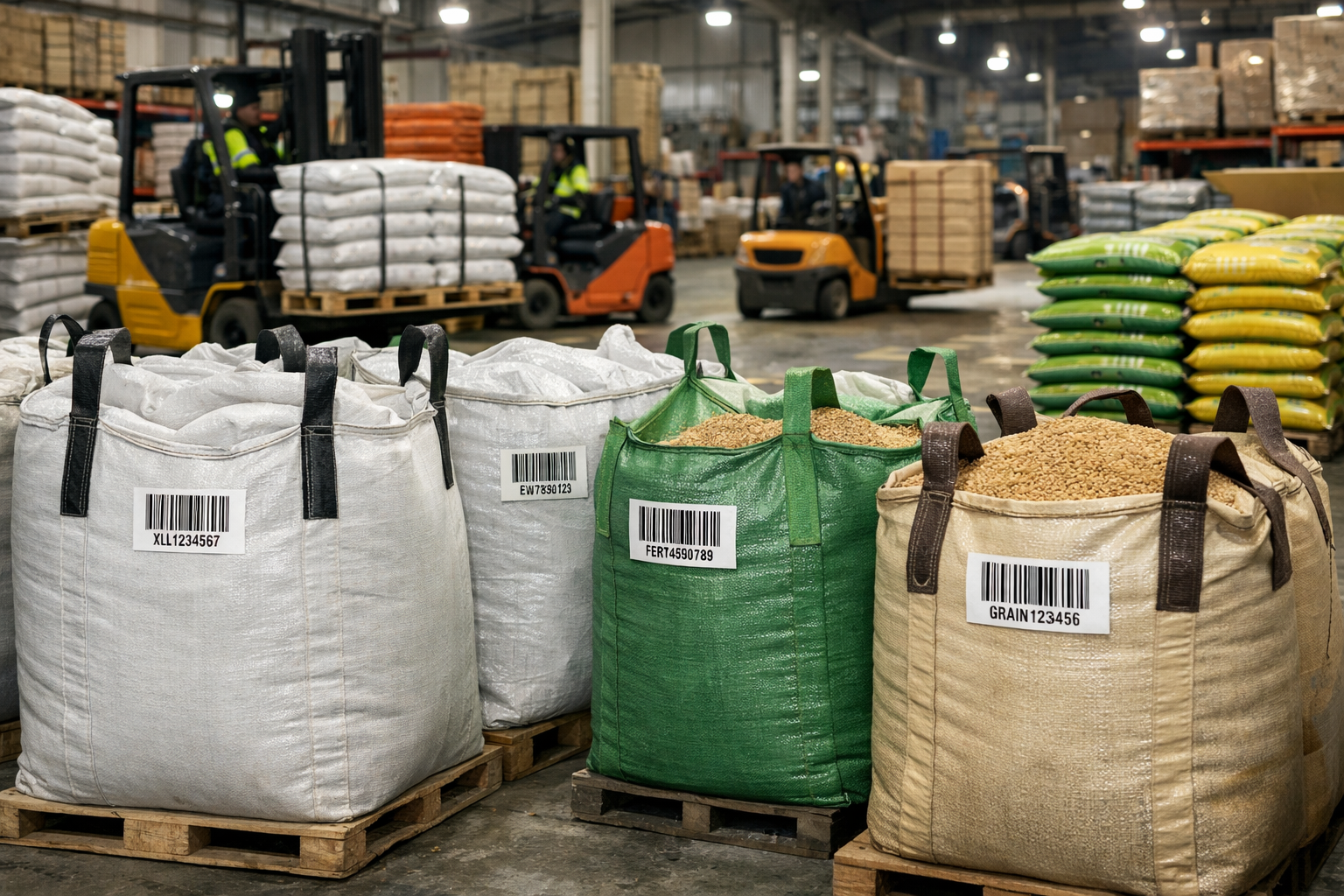 Woven bag labels attached to industrial woven packaging